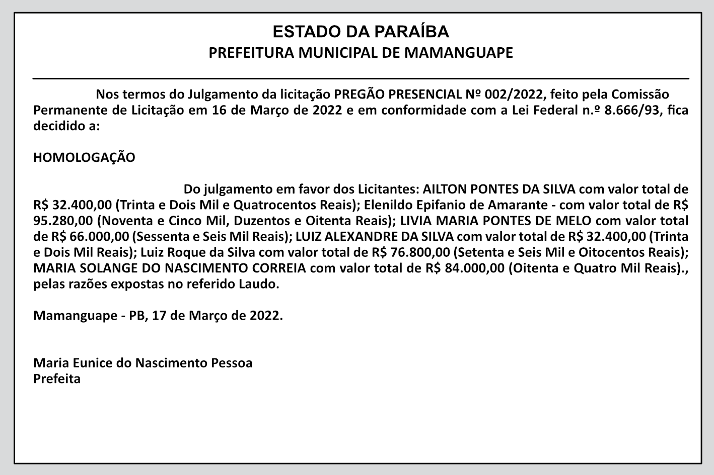 PREFEITURA MUNICIPAL DE MAMANGUAPE – HOMOLOGAÇÃO