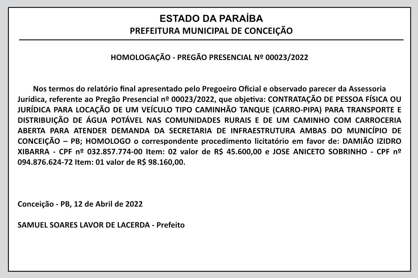 PREFEITURA MUNICIPAL DE CONCEIÇÃO – HOMOLOGAÇÃO – PREGÃO PRESENCIAL Nº 00023/2022