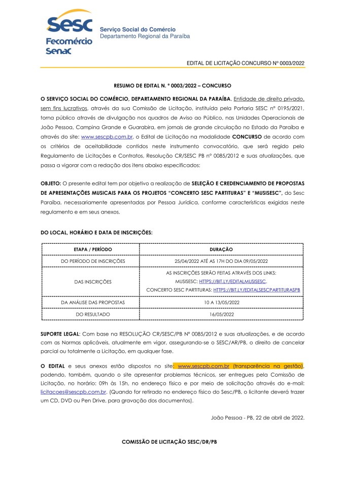 SESC – RESUMO DE EDITAL N.º 0003/2022 – CONCURSO