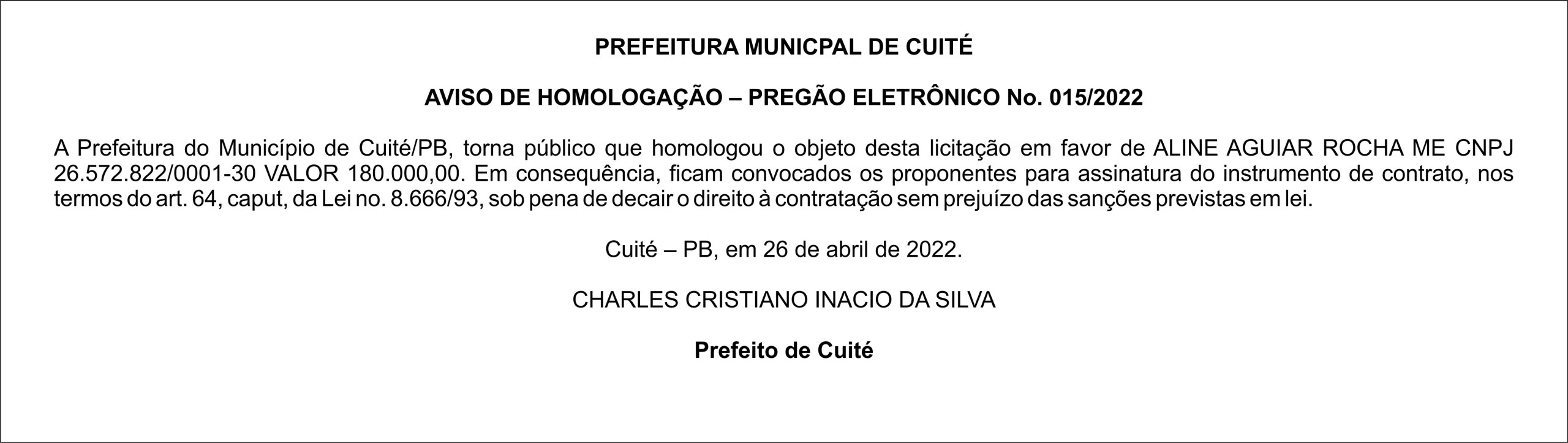 PREFEITURA MUNICPAL DE CUITÉ – AVISO DE HOMOLOGAÇÃO – PREGÃO ELETRÔNICO Nº 015/2022