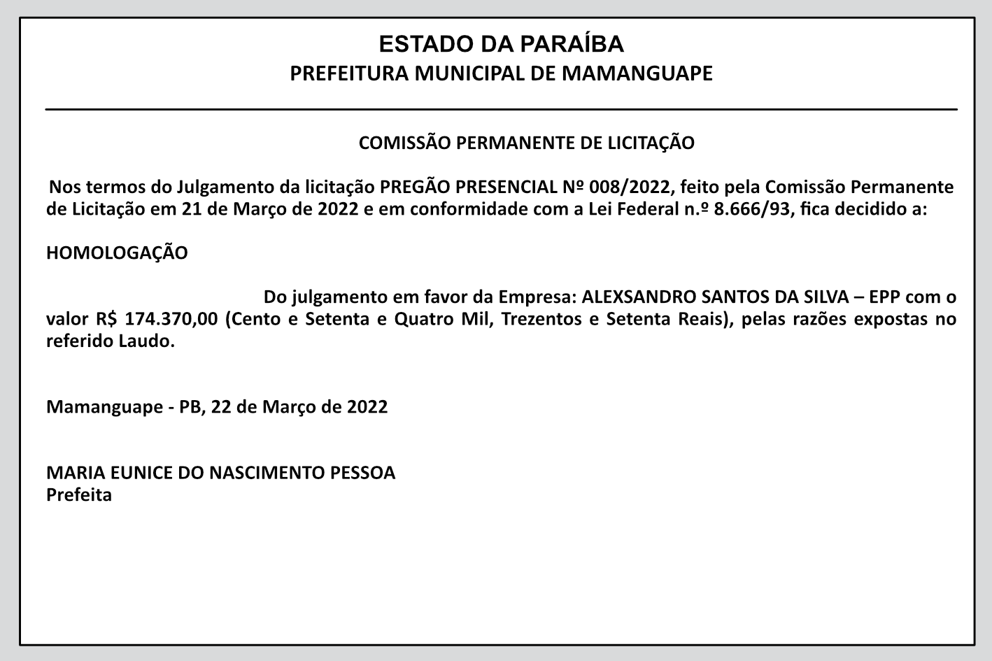 PREFEITURA MUNICIPAL DE MAMANGUAPE – HOMOLOGAÇÃO