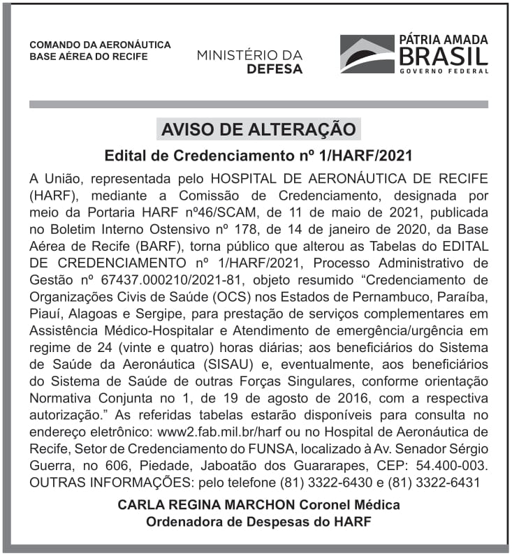 BASE AÉREA DO RECIFE – BARF – RF – AVISO DE ALTERAÇÃO – Edital de Credenciamento nº 1/HARF/2021