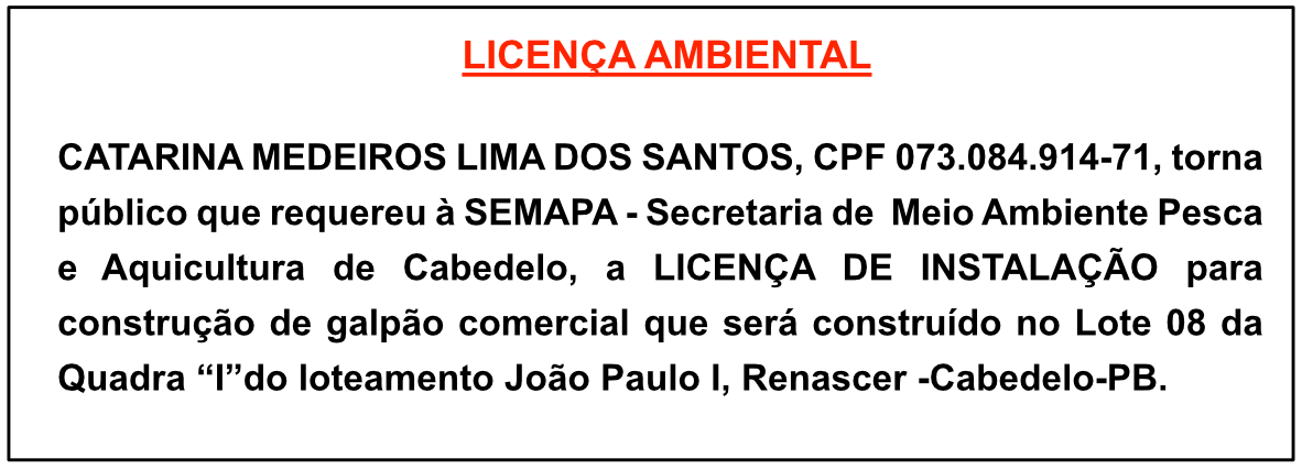 CATARINA MEDEIROS LIMA DOS SANTOS – LICENÇA AMBIENTAL
