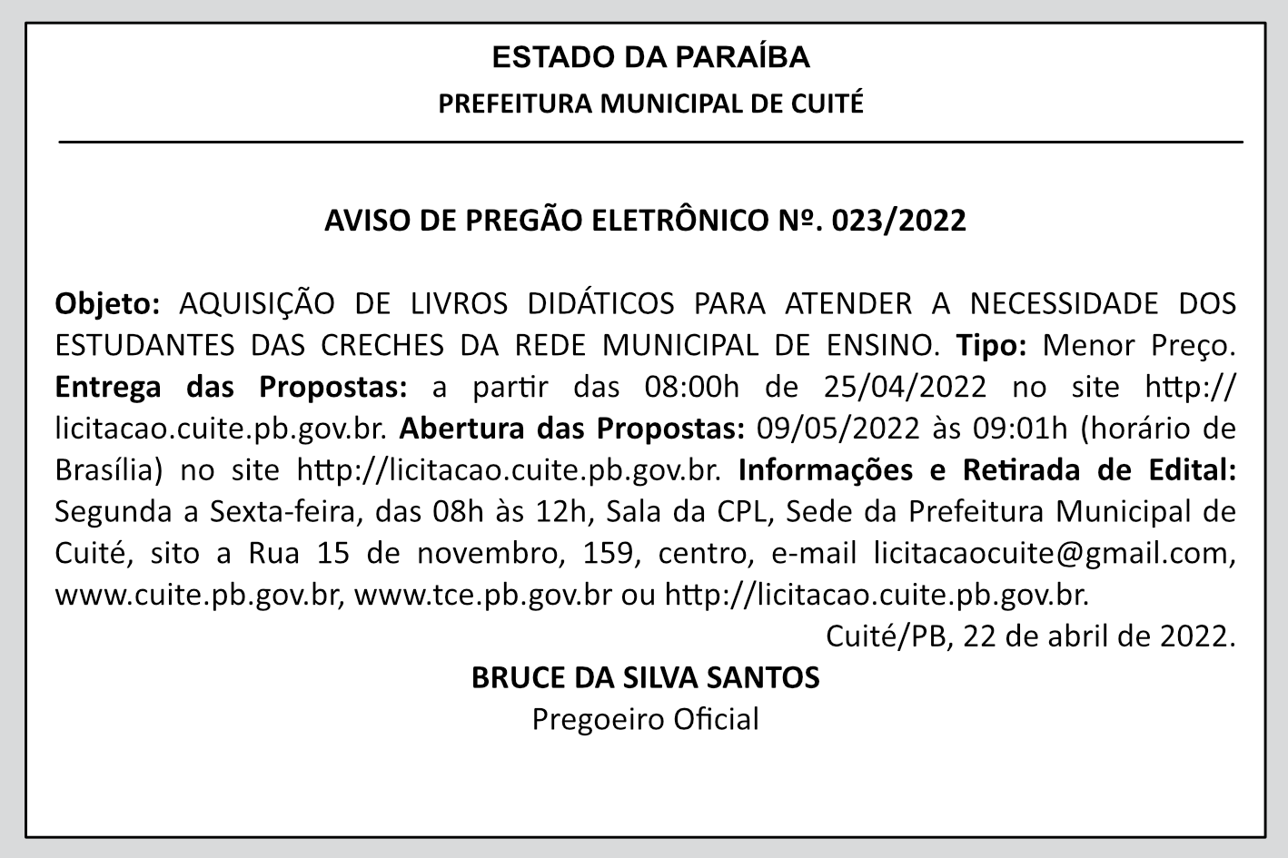 PREFEITURA MUNICIPAL DE CUITÉ – AVISO DE PREGÃO ELETRÔNICO Nº 023/2022