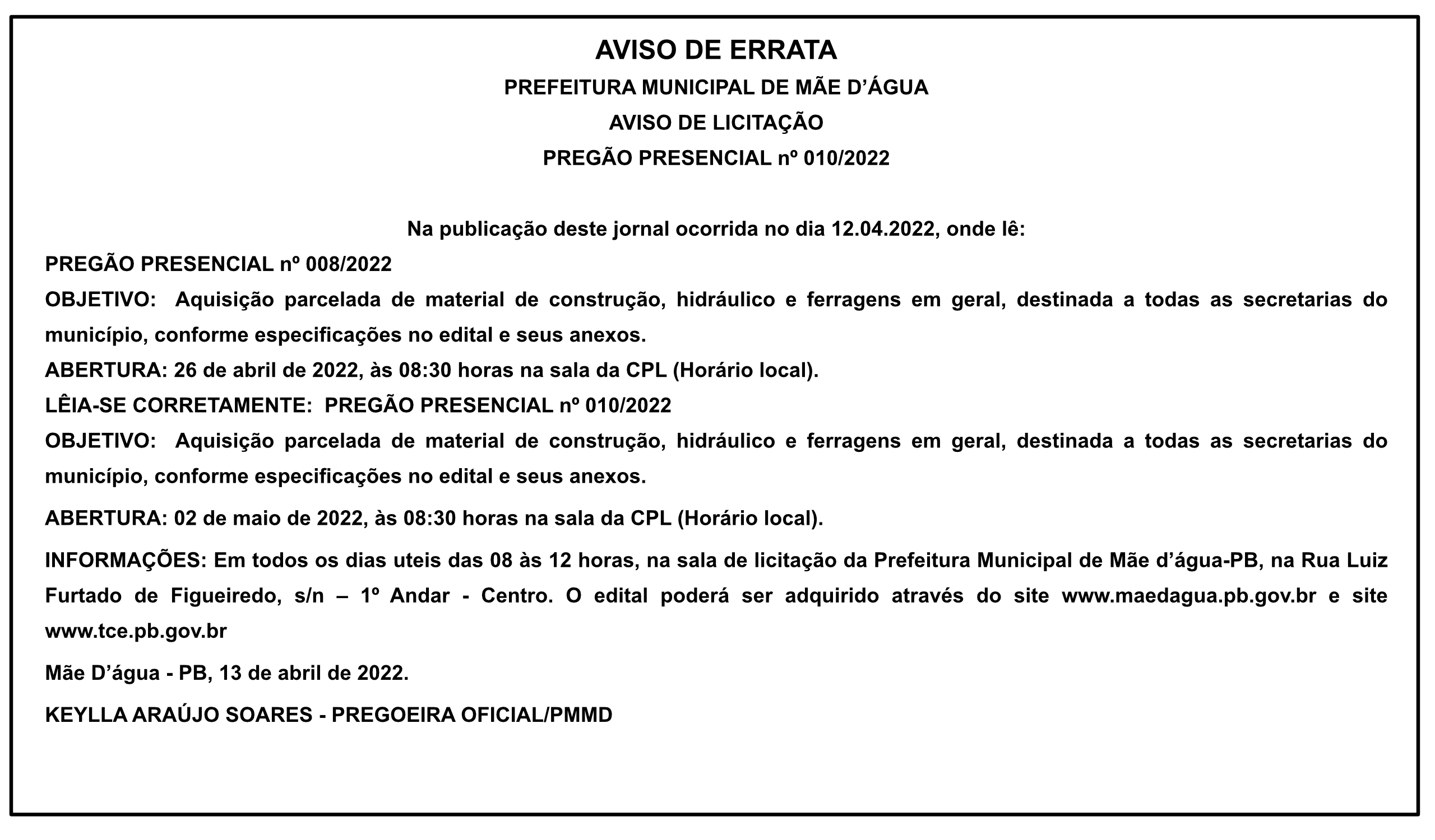 PREFEITURA MUNICIPAL DE MÃE D’ÁGUA – AVISO DE ERRATA – AVISO DE LICITAÇÃO – PREGÃO PRESENCIAL Nº 010/2022