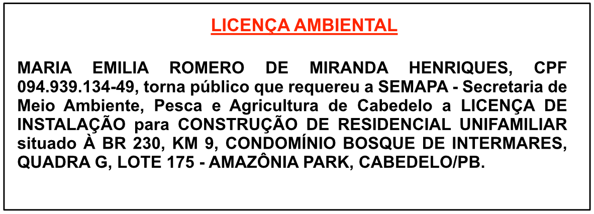MARIA EMILIA ROMERO DE MIRANDA HENRIQUES – LICENÇA AMBIENTAL