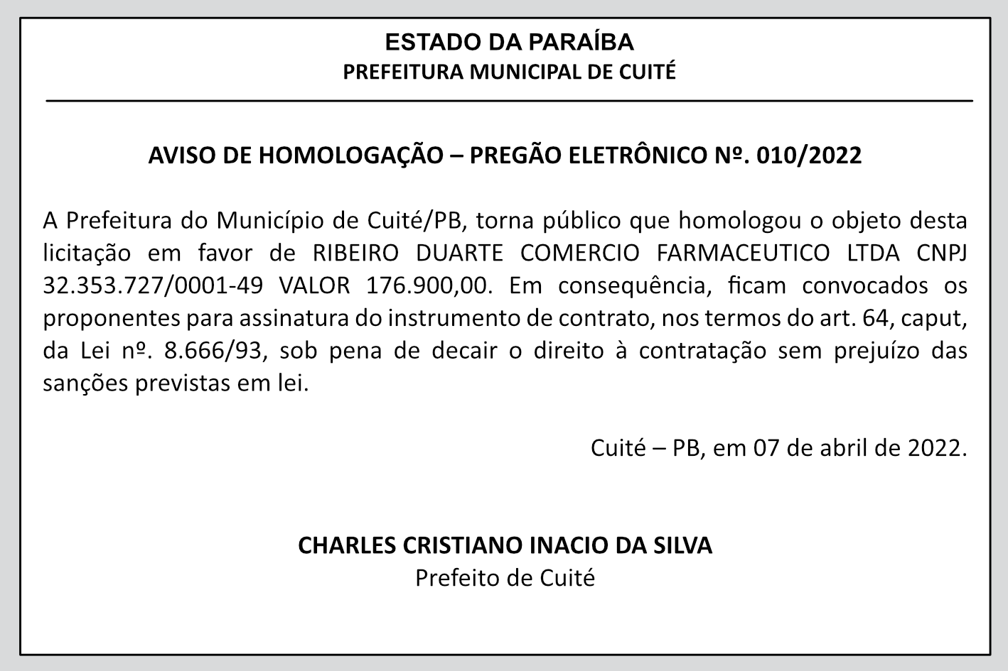 PREFEITURA MUNICIPAL DE CUITE – AVISO DE HOMOLOGAÇÃO – PREGÃO ELETRÔNICO Nº 010/2022