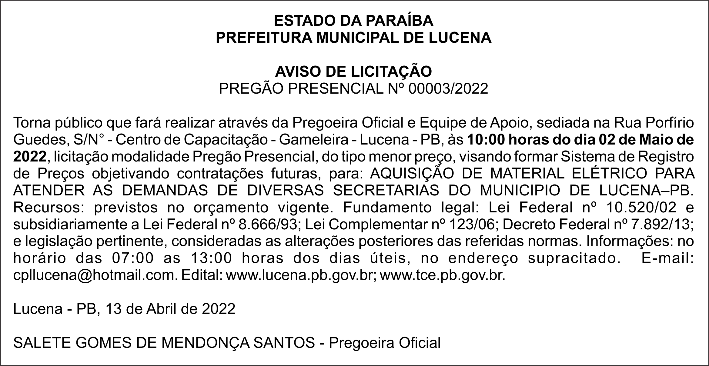 PREFEITURA MUNICIPAL DE LUCENA – AVISO DE LICITAÇÃO – PREGÃO PRESENCIAL Nº 00003/2022