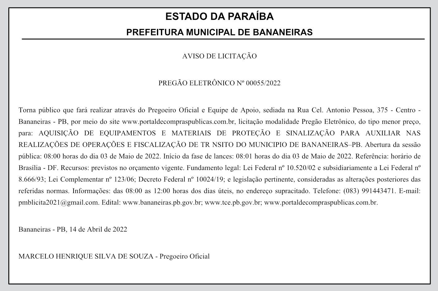 PREFEITURA MUNICIPAL DE BANANEIRAS – AVISO DE LICITAÇÃO – PREGÃO ELETRÔNICO Nº 00055/2022