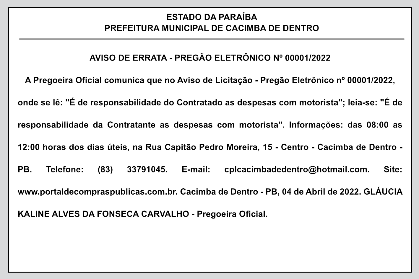 PREFEITURA MUNICIPAL DE CACIMBA DE DENTRO – AVISO DE ERRATA – PREGÃO ELETRÔNICO Nº 00001/2022
