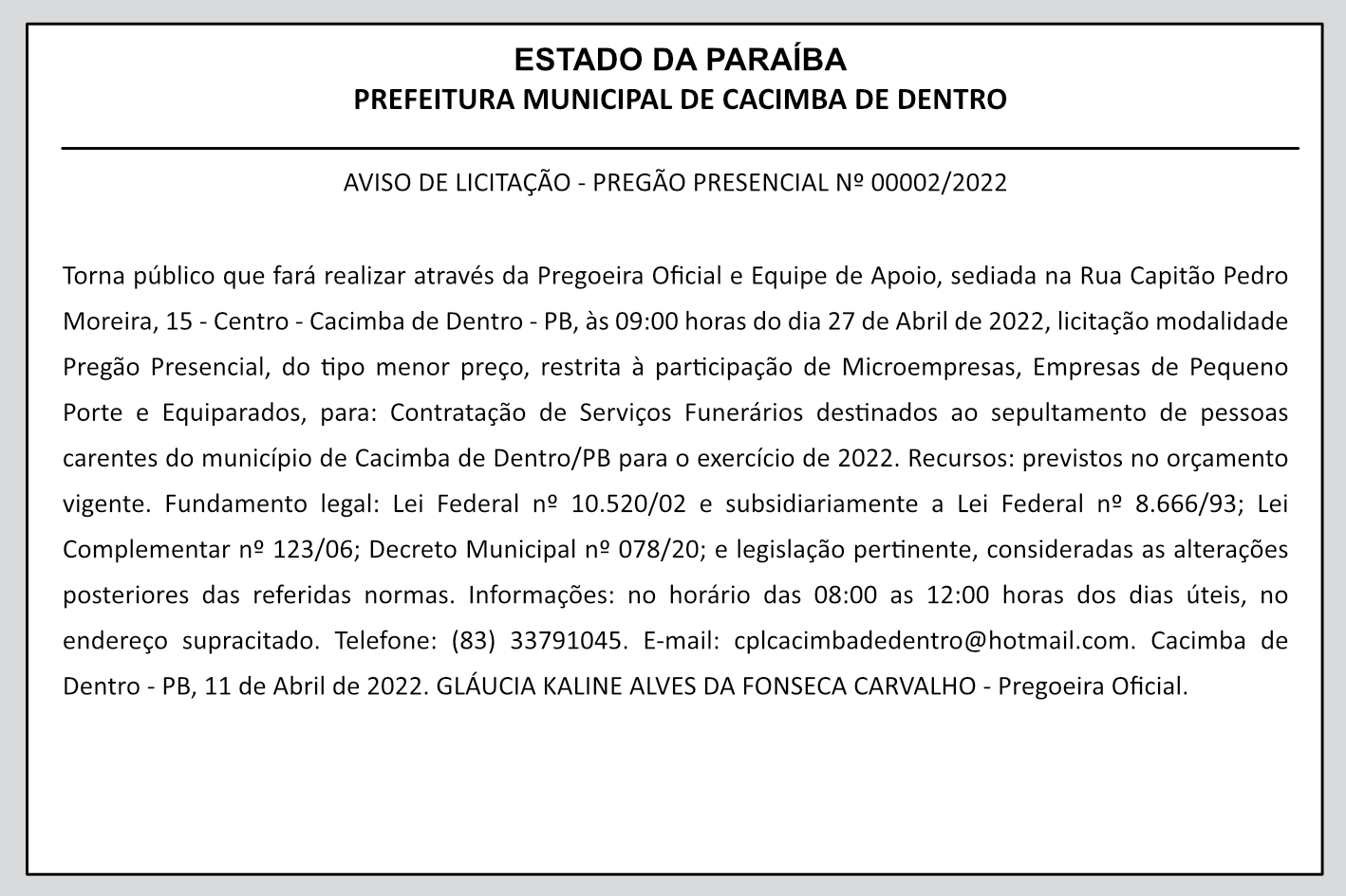 PREFEITURA MUNICIPAL DE CACIMBA DE DENTRO – AVISO DE LICITAÇÃO – PREGÃO PRESENCIAL Nº 00002/2022