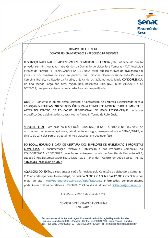 SENAC – RESUMO DE EDITAL DE  CONCORRÊNCIA Nº 005/2022 – PROCESSO No 083/2022