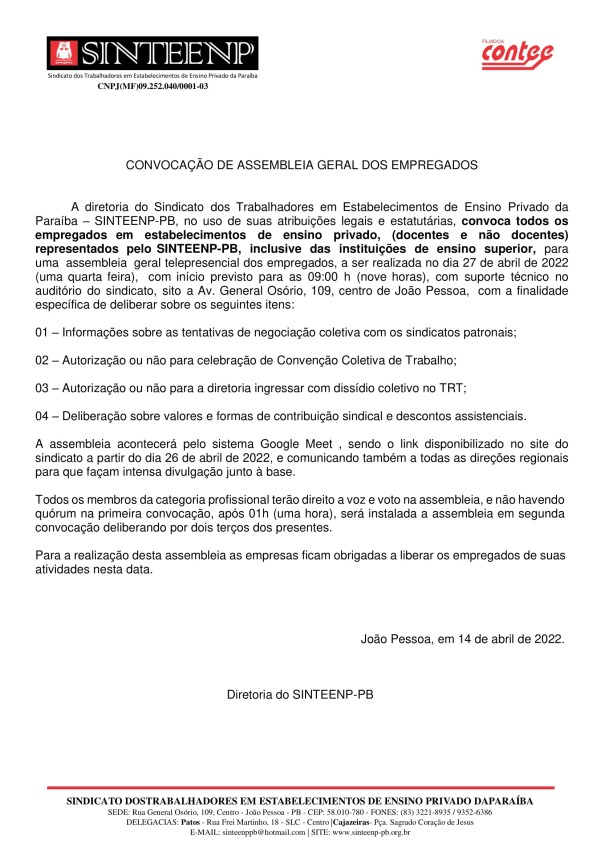 SINTEENP-PB – CONVOCAÇÃO DE ASSEMBLEIA GERAL DOS EMPREGADOS