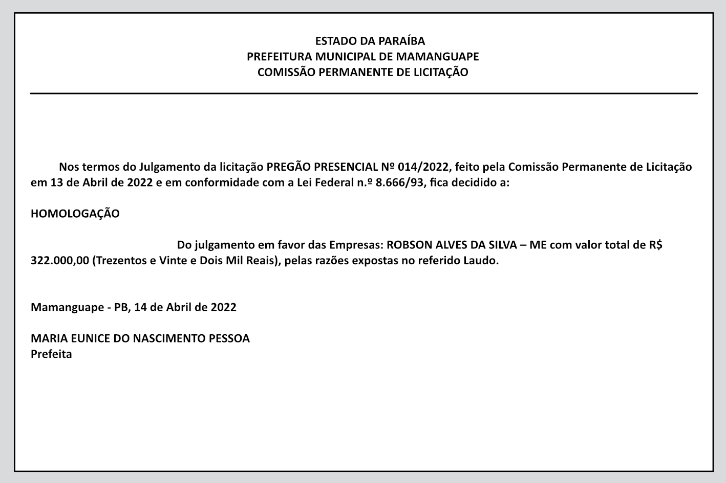 PREFEITURA MUNICIPAL DE MAMANGUAPE – COMISSÃO PERMANENTE DE LICITAÇÃO – HOMOLOGAÇÃO