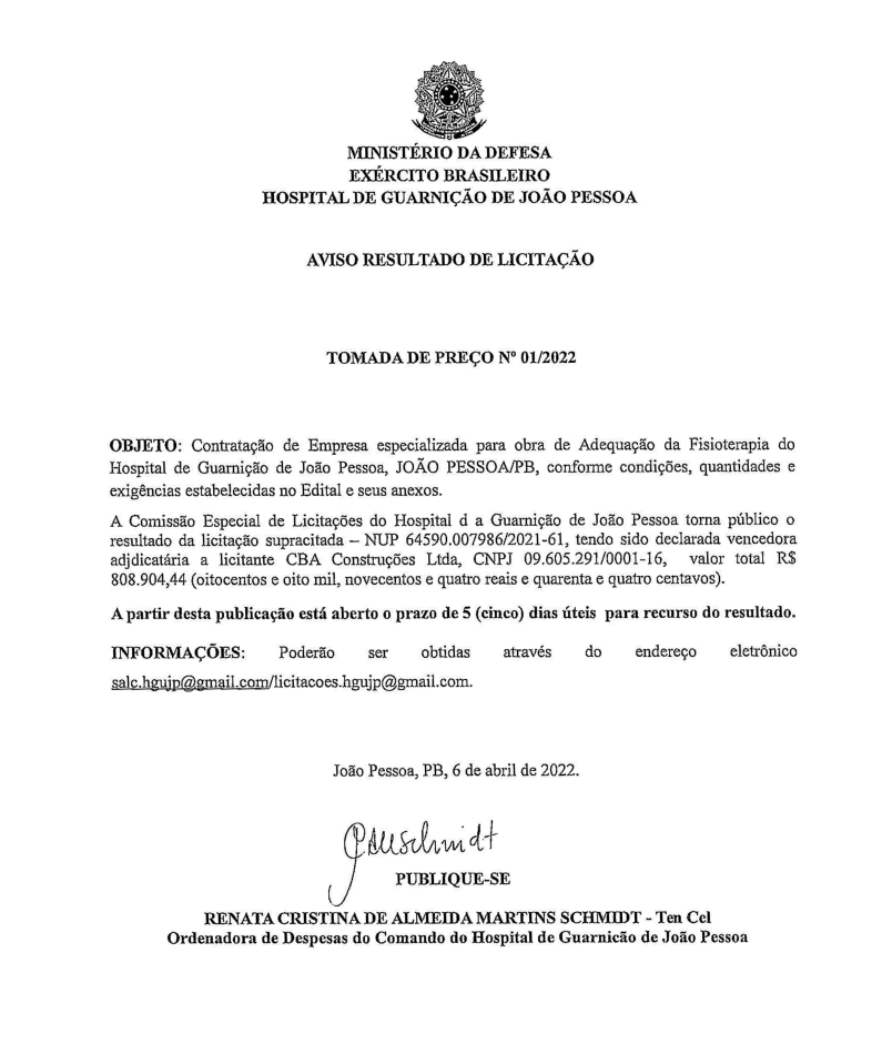 HOSPITAL DE GUARNIÇÃO DE JOÃO PESSOA – RESULTADO DE LICITAÇÃO – TOMADA DE PREÇO Nº 01/2022
