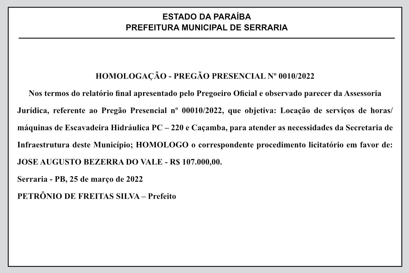 PREFEITURA MUNICIPAL DE SERRARIA – HOMOLOGAÇÃO – PREGÃO PRESENCIAL Nº 0010/2022