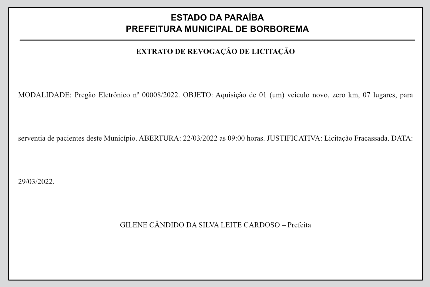PREFEITURA MUNICIPAL DE BORBOREMA – EXTRATO DE REVOGAÇÃO DE LICITAÇÃO