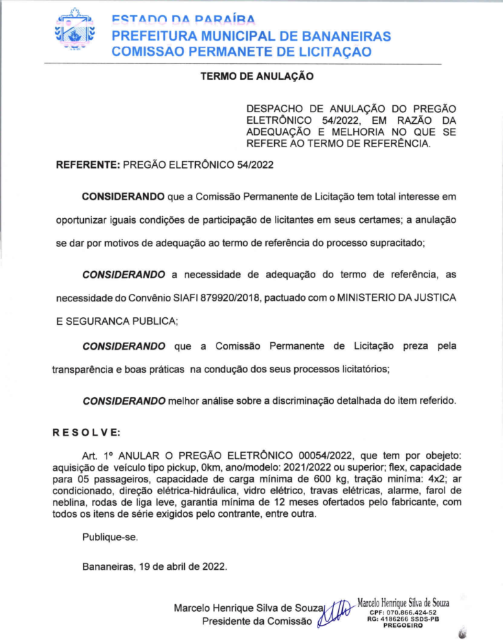 PREFEITURA MUNICIPAL DE BANANEIRAS – TERMO DE ANULAÇÃO – PREGÃO ELETRÔNICO Nº 54/2022