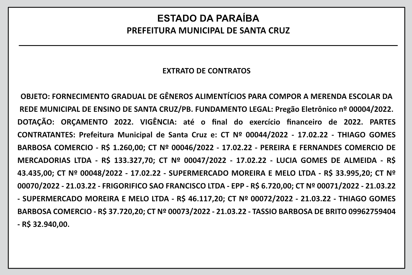 PREFEITURA MUNICIPAL DE SANTA CRUZ – EXTRATO DE CONTRATOS