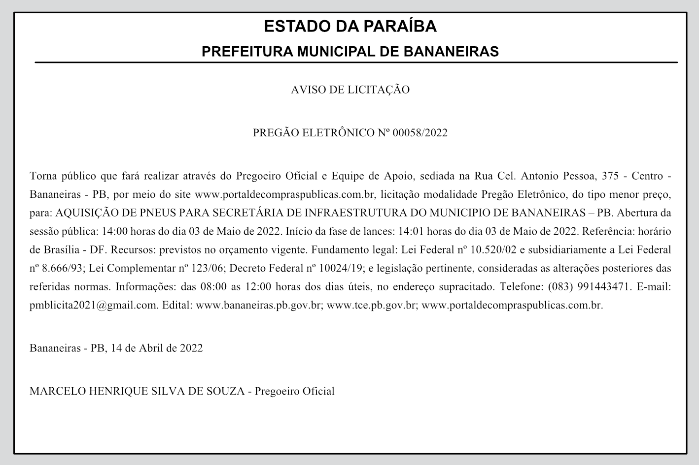 PREFEITURA MUNICIPAL DE BANANEIRAS – AVISO DE LICITAÇÃO – PREGÃO ELETRÔNICO Nº 00058/2022