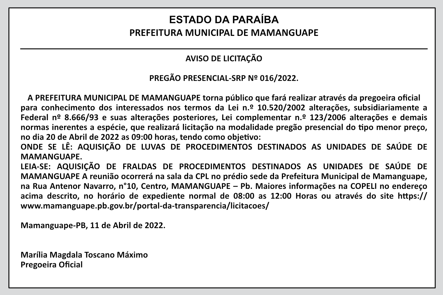 PREFEITURA MUNICIPAL DE MAMANGUAPE – AVISO DE LICITAÇÃO – PREGÃO PRESENCIAL-SRP Nº 016/2022