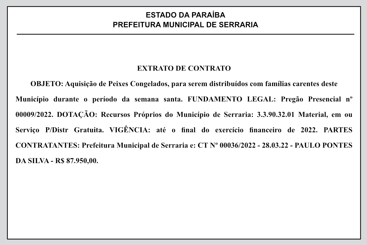 PREFEITURA MUNICIPAL DE SERRARIA – EXTRATO DE CONTRATO