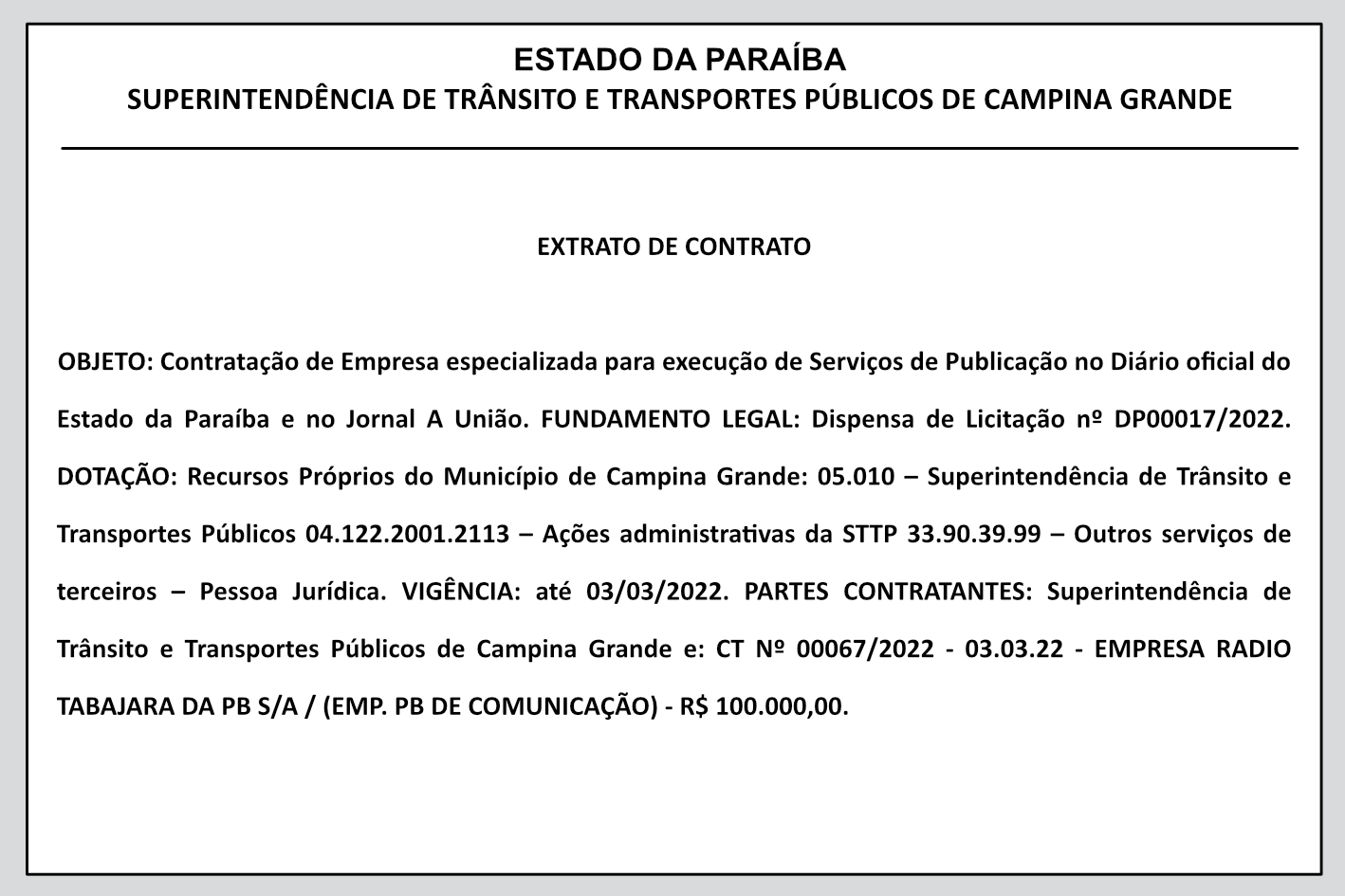 STTP/CG – EXTRATO DE CONTRATO