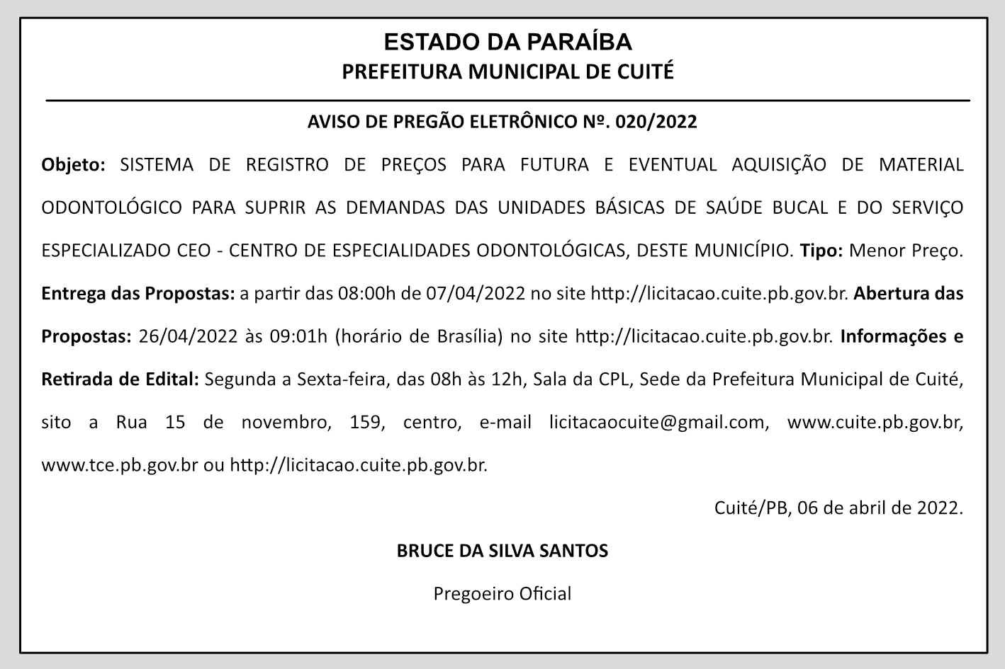 PREFEITURA MUNICIPAL DE CUITE – AVISO DE PREGÃO ELETRÔNICO Nº 020/2022