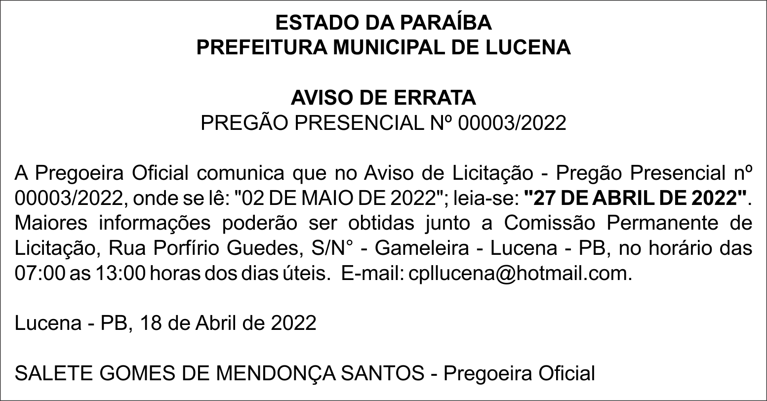 PREFEITURA MUNICIPAL DE LUCENA – AVISO DE ERRATA – PREGÃO PRESENCIAL Nº 00003/2022