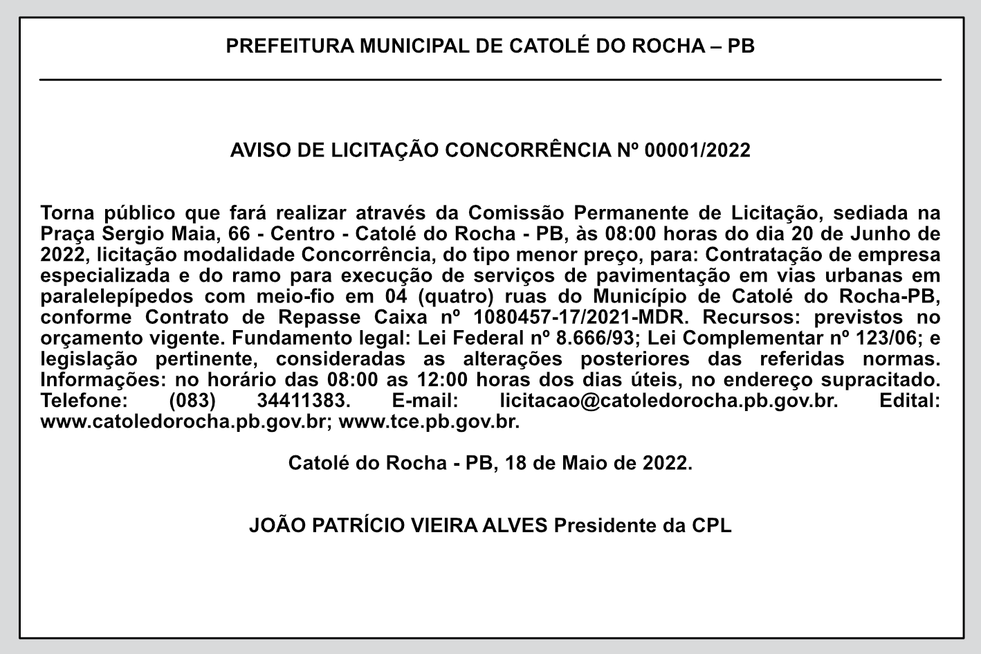 PREFEITURA MUNICIPAL DE CATOLÉ DO ROCHA – PB – AVISO DE LICITAÇÃO – CONCORRÊNCIA Nº 00001/2022