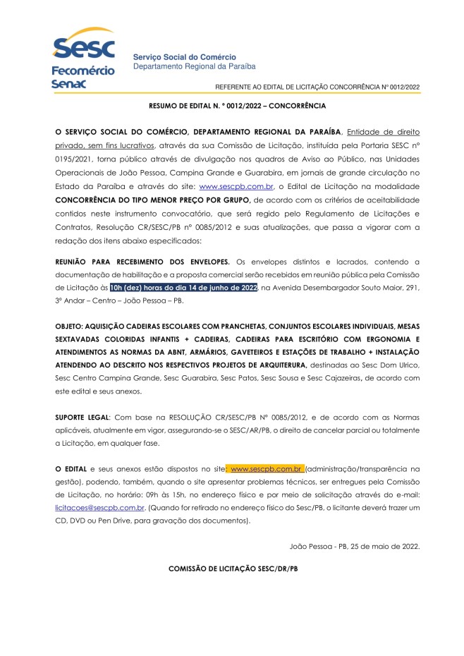 SESC – RESUMO DE EDITAL N.º 0012/2022 – CONCORRÊNCIA