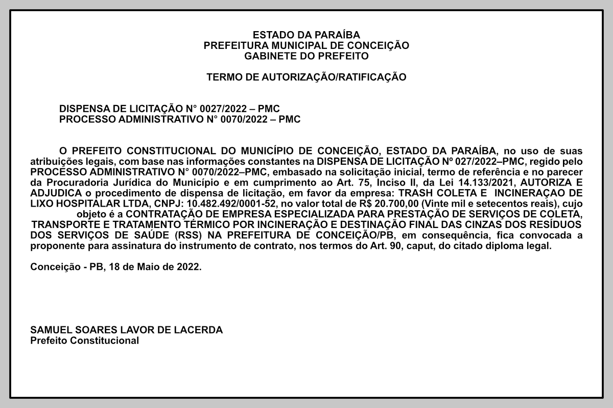 PREFEITURA MUNICIPAL DE CONCEIÇÃO – TERMO DE AUTORIZAÇÃO/RATIFICAÇÃO – DISPENSA DE LICITAÇÃO N° 0027/2022 – PMC