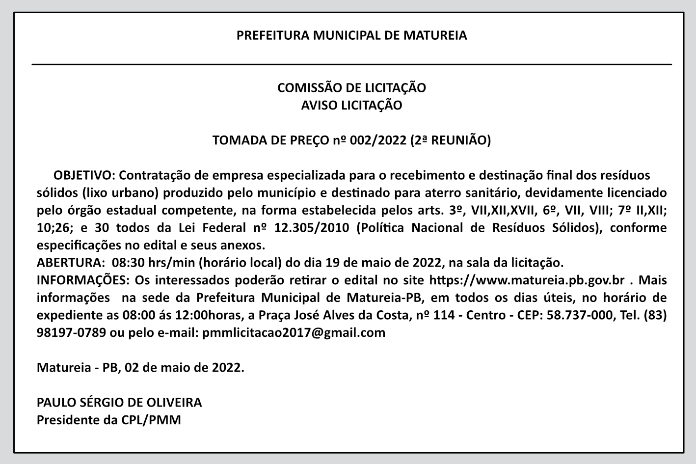 PREFEITURA MUNICIPAL DE MATUREIA – AVISO LICITAÇÃO – TOMADA DE PREÇO nº 002/2022 (2ª REUNIÃO)