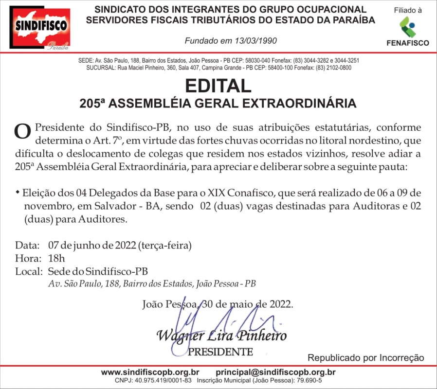 SINDIFISCO – 205ª ASSEMBLÉIA GERAL EXTRAORDINÁRIA