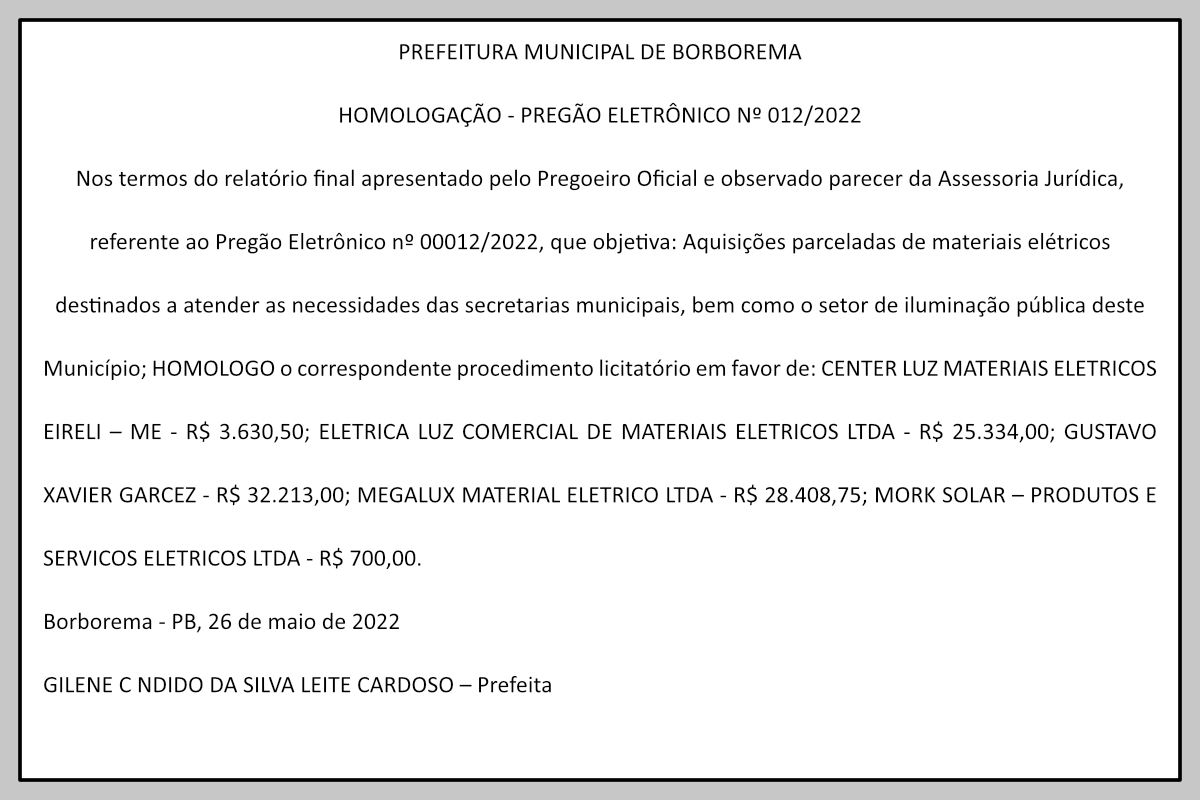 PREFEITURA MUNICIPAL DE BORBOREMA – HOMOLOGAÇÃO – PREGÃO ELETRÔNICO Nº 012/2022