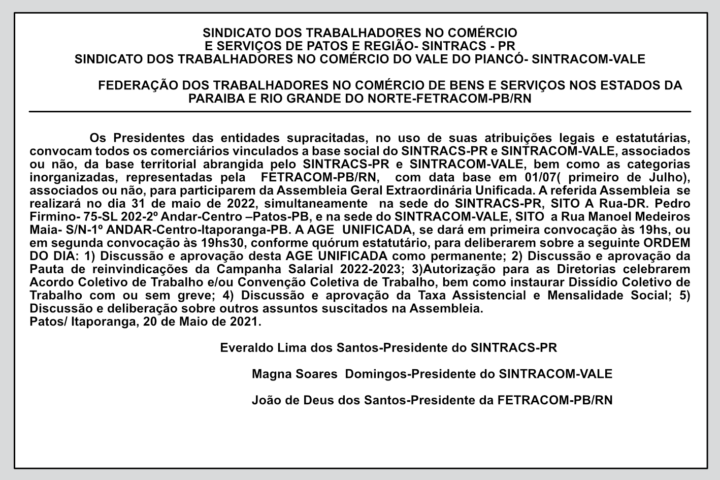 SINTRACS-PR / SINTRACOM-VALE / FETRACOM-PB/RN – Edital de Assembleia Geral Extraordinária Unificada