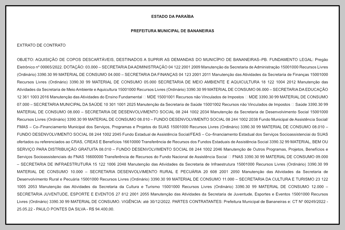 PREFEITURA MUNICIPAL DE BANANEIRAS – EXTRATO DE CONTRATO