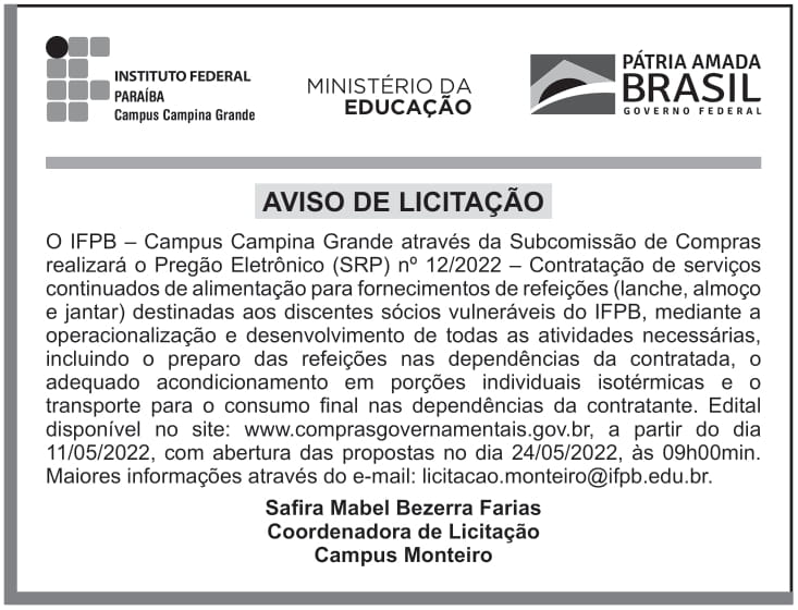 IFPB – PB – MONTEIRO – CAMPUS – AVISO DE LICITAÇÃO (Pregão Eletrônico (SRP) nº 12/2022)