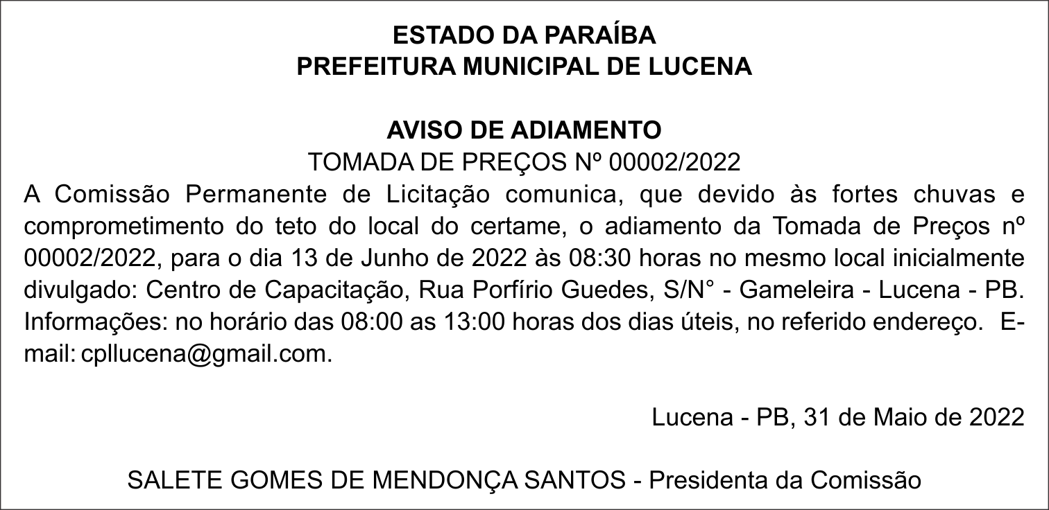 PREFEITURA MUNICIPAL DE LUCENA – AVISO DE ADIAMENTO – TOMADA DE PREÇOS Nº 00002/2022
