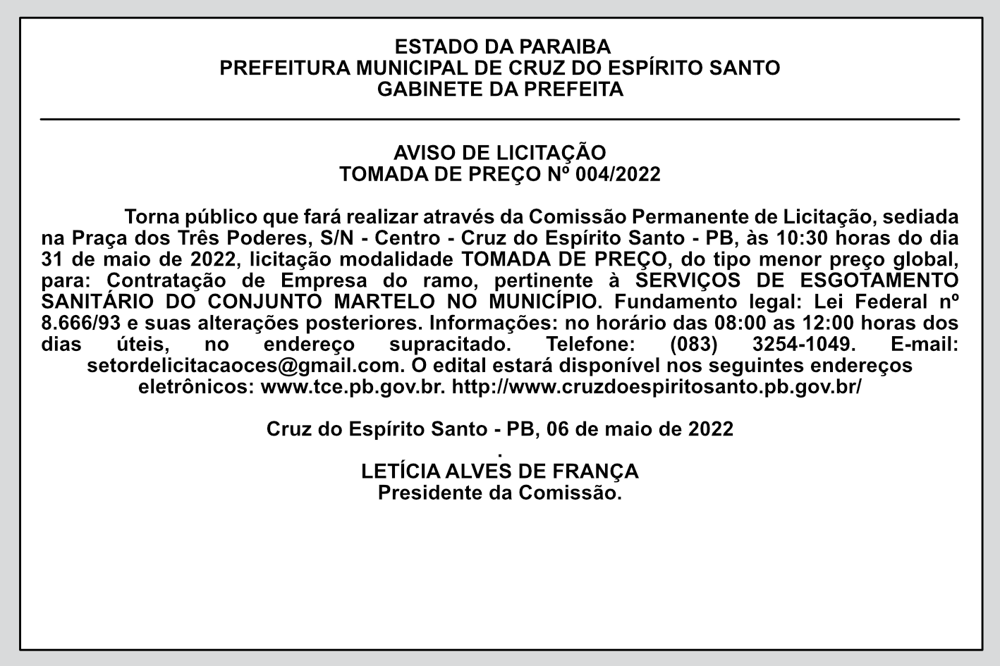 PREFEITURA MUNICIPAL DE CRUZ DO ESPÍRITO SANTO – AVISO DE LICITAÇÃO – TOMADA DE PREÇO Nº 004/2022
