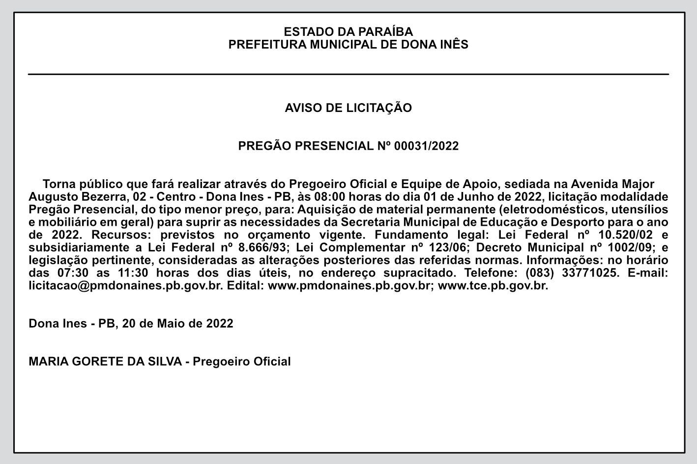 PREFEITURA MUNICIPAL DE DONA INÊS – AVISO DE LICITAÇÃO – PREGÃO PRESENCIAL Nº 00031/2022