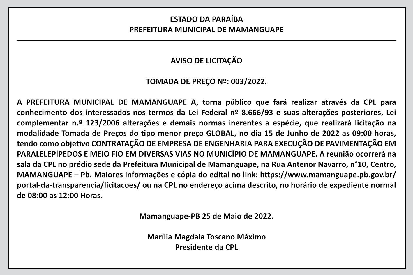 PREFEITURA MUNICIPAL DE MAMANGUAPE  – AVISO DE LICITAÇÃO  – TOMADA DE PREÇO Nº 003/2022