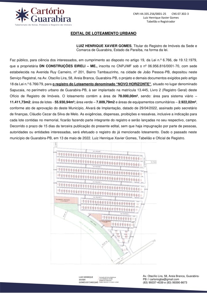 EDITAL DE LOTEAMENTO URBANO – DN CONSTRUÇÕES EIRELI – ME.