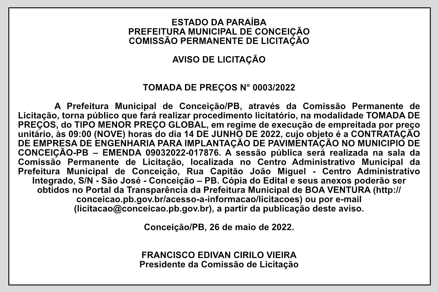 PREFEITURA MUNICIPAL DE CONCEIÇÃO – AVISO DE LICITAÇÃO – TOMADA DE PREÇOS N° 0003/2022