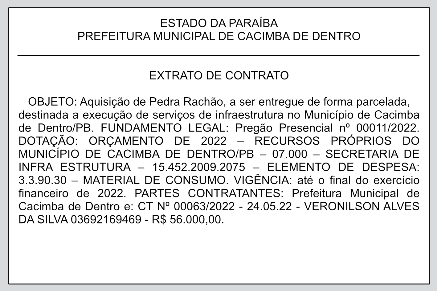 PREFEITURA MUNICIPAL DE CACIMBA DE DENTRO – EXTRATO DE CONTRATO