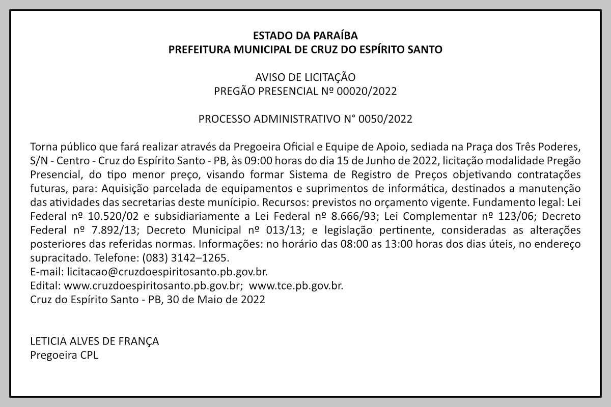 PREFEITURA MUNICIPAL DE CRUZ DO ESPÍRITO SANTO – AVISO DE LICITAÇÃO – PREGÃO PRESENCIAL Nº 00020/2022