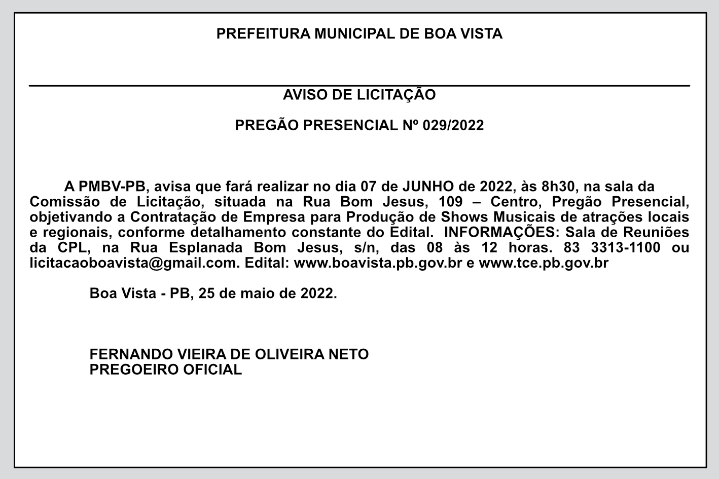 PREFEITURA MUNICIPAL DE BOA VISTA – AVISO DE LICITAÇÃO – PREGÃO PRESENCIAL Nº 029/2022