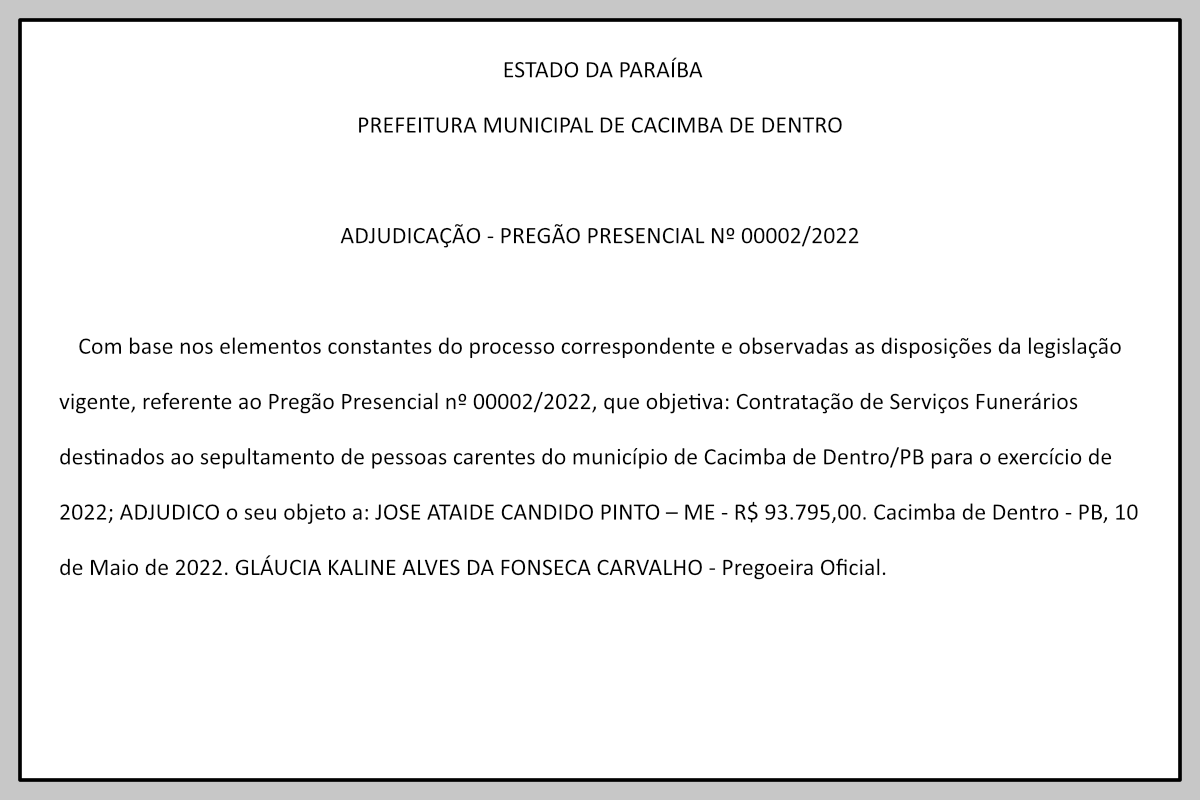 PREFEITURA MUNICIPAL DE CACIMBA DE DENTRO – ADJUDICAÇÃO – PREGÃO PRESENCIAL Nº 00002/2022