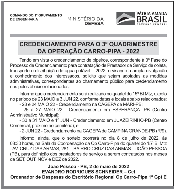 CMDO 1º GPTE – JOÃO PESSOA – PB – CREDENCIAMENTO PARA O 3º QUADRIMESTRE DA OPERAÇÃO CARRO-PIPA – 2022