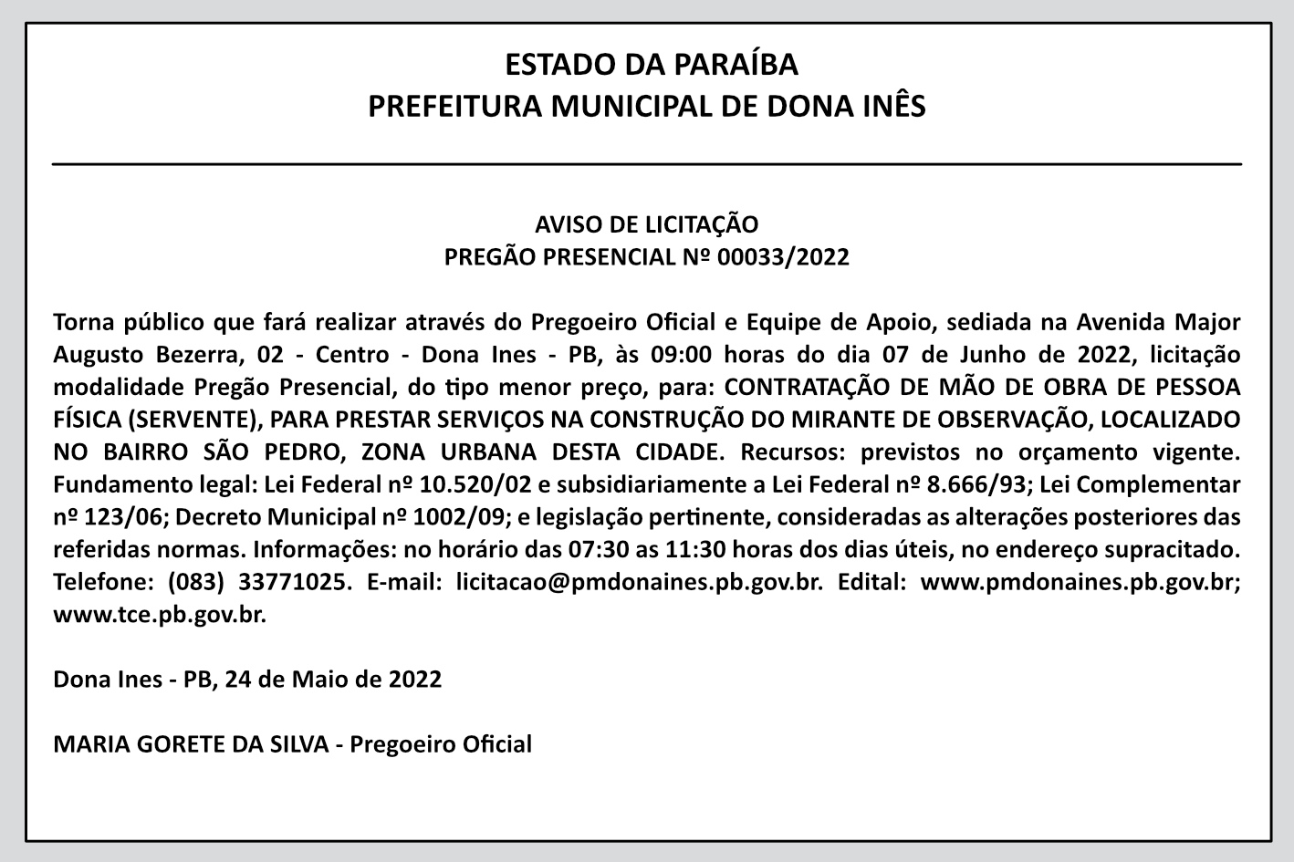 PREFEITURA MUNICIPAL DE DONA INÊS – AVISO DE LICITAÇÃO – PREGÃO PRESENCIAL Nº 00033/2022